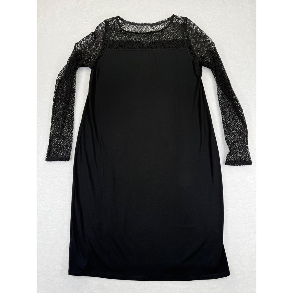 Eileen Fisher Black Lace Sleeve Illusion Neck Shift‎ Dress Medium Made in USA